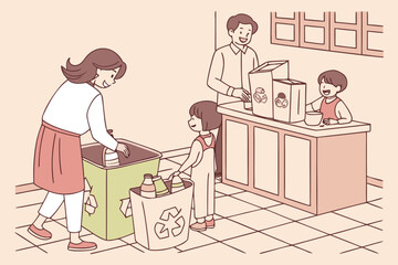 Family recycling together at home sorting waste into bins teaching children about environmental responsibility and sustainability