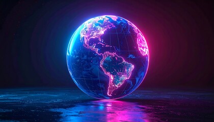 Futuristic Earth Globe with Neon Lights and Reflections.