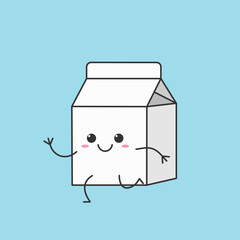Beverage carton, carton for drinks, cute cartoon character running, smile face cheerful kawaii joy happy emotions icon vector illustration.