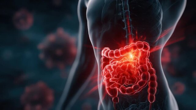 Rendered image of a human torso, highlighting the digestive system, with visible glowing red effects