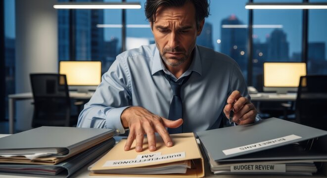 Caucasian man working late in office sorting through financial files and doing budget review. Overworked businessman analyzing paperwork.