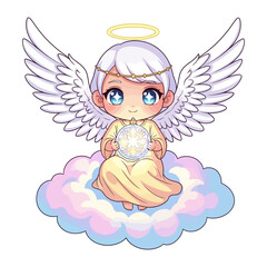 Fototapeta premium Guardian Angel: A serene angel, radiating purity and grace, is gracefully seated upon a vibrant cloud. This artistic portrayal captures the essence of divine presence and comfort.