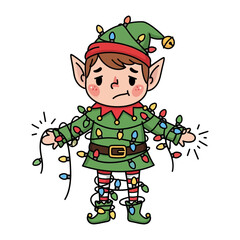 Christmas Elf Encumbered: A charming Christmas elf stands humorously tangled in string lights, showcasing the whimsical struggles of the holiday season, evoking a sense of fun and festive.