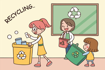 Cartoon illustration of children recycling waste in a classroom teaching environmental awareness and sustainability vector design