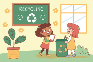 Two girls recycling waste into a green bin vector illustration for environmental awareness and education isolated on a light background