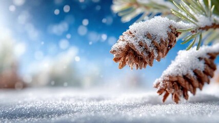 Winter's Embrace: Two pine cones, frosted with a delicate dusting of snow, cling to a branch in a serene winter landscape. The gentle snowfall creates a magical atmosphere. - Powered by Adobe