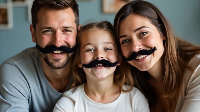 Family fun with creative mustache props during a cheerful home gathering