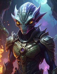 A close-up portrait of an alien humanoid in futuristic armor, set against a fantastical landscape with glowing effects
