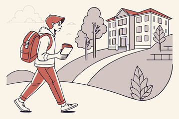 Illustration of a student walking to school with a backpack and books vector design for education and back to school concepts