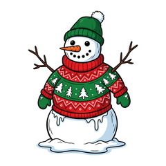 Festive Frosty: A charming snowman, adorned in a vibrant hat, sweater, and mittens, stands ready to embrace the winter season, embodying the joy and merriment of the holidays.