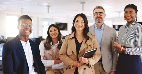 Portrait, law firm and tech with smile, confidence and management for group of business people in...