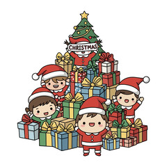 Joyful Christmas Celebration: A festive gathering of children celebrates the magic of Christmas, surrounded by a mountain of beautifully wrapped gifts and a decorated Christmas tree. 