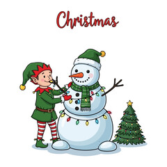 Festive Elf Decorating a Snowman for Christmas: An elf with a mischievous smile meticulously decorates a snowman, wrapping it in twinkling lights, while a miniature Christmas tree stands beside.