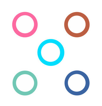 A vector illustration of five flat-design circles with vibrant colored rings arranged symmetrically in a quincunx pattern on a black background.