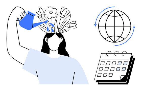 Woman watering flowers growing from her head, a globe with circular motion, and a calendar highlighting growth, learning, mental health, sustainability, global awareness, schedule management