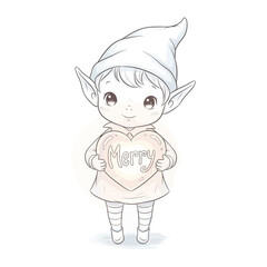Christmas Elf with Heart-Shaped: A charming illustration of a whimsical elf, holding a heart-shaped object, embodying the festive spirit of Christmas and joy. 