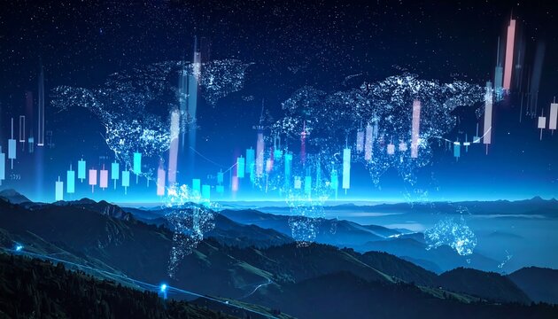 Futuristic Financial Landscape - Data Visualization Over Mountains. - Powered by Adobe