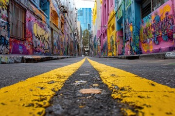 Fototapeta premium Vibrant street art alley filled with colorful graffiti showcases urban creativity in a lively city setting