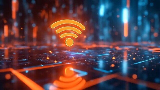 Visual display of digital connectivity symbols glowing in vibrant colors above a network grid - Powered by Adobe