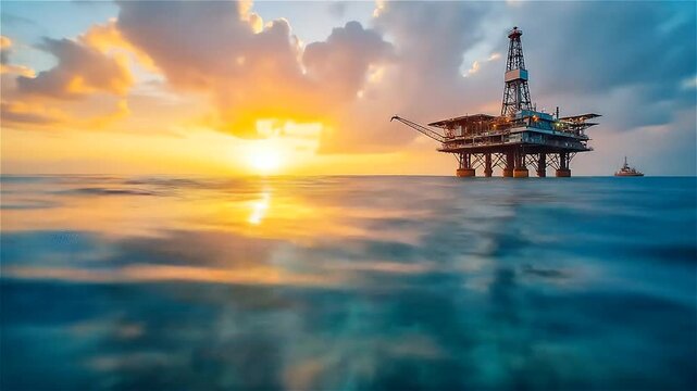 Beautiful sunset over offshore oil rig with calm ocean waters in the background