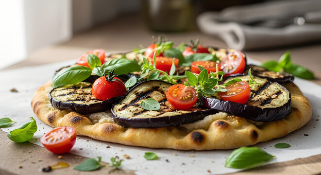 Grilled vegetable pizza topped with tomatoes and fresh basil leaves   - Powered by Adobe