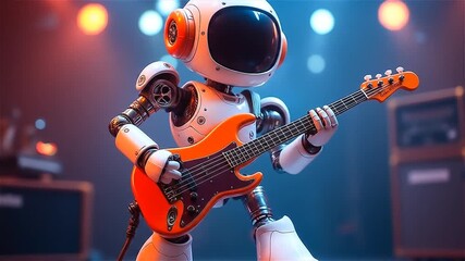 Robot musician plays electric guitar in a vibrant music venue during a lively performance - Powered by Adobe