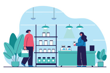 People shopping in a modern pharmacy buying medicine and healthcare products vector illustration