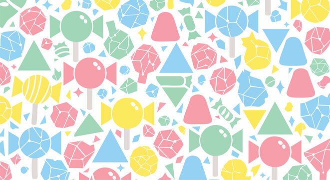 Cute pastel candies geometric shapes seamless pattern vector illustration flat design sweet candy background playful kids abstract minimal