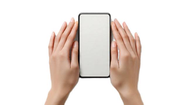 Hands holding a smartphone with a blank white screen on a plain background in a studio setting