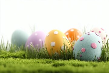 Fototapeta premium A collection of 6 painted easter eggs celebrating a Happy Easter with green grass and blurred green grass foreground and isolated against a white background template.