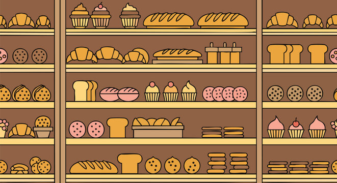 Delicious bakery shop shelves seamless pattern baked goods vector illustration flat design bread pastry dessert food cafe croissant cupcake cookie loaf