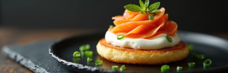 Appetizing gourmet appetizer. Potato pancake topped with cream, salmon. Garnished with fresh mint sprigs, chives. Fine dining culinary experience. Elegant savory snack on plate. Delicious delicacy
