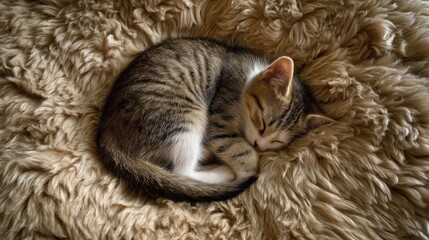 A tiny kitten curled into a perfect circle, sleeping on a large, plush beige fur blanket. Wide-angle view shows the vast, soft sofa environment.