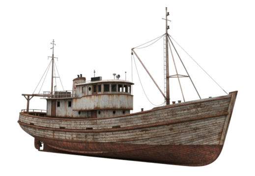 Old fishing trawler ship transparent background cutout png
