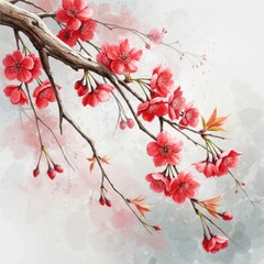 Vibrant red cherry blossoms adorning a delicate branch