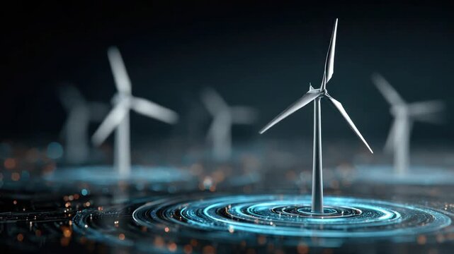 Rendered windmills stand on a futuristic surface with glowing lines, a dark background