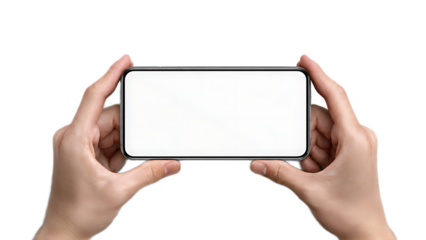 Hands holding a smartphone in landscape orientation with a blank white screen on a black background