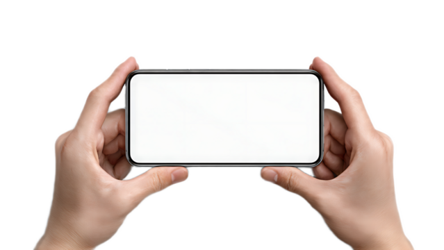 Hands holding a smartphone in landscape orientation with a blank white screen on a black background