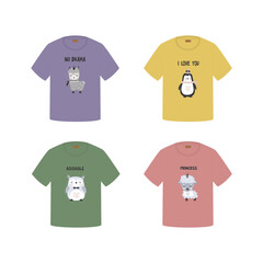 Colorful unisex short sleeve t-shirts with funny mascots - penguin, owl, llama, sheep. Set of tee design isolated on white background. Mockup, template for print