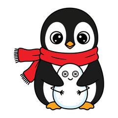 Cozy Penguin and Snowman: A charming illustration depicts a cheerful penguin adorned with a red scarf embracing a snowman, evoking warmth and wintertime delight.