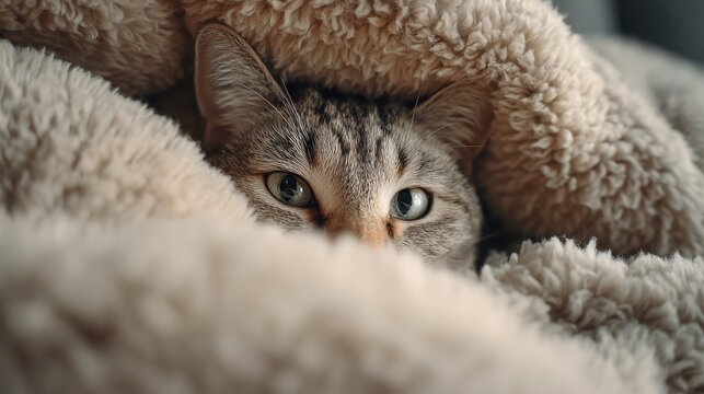 Only the face of a cute cat peeks out from under a mountain of beige fur blankets. Soft window light, clear focus on its eyes. Cozy sofa setting.