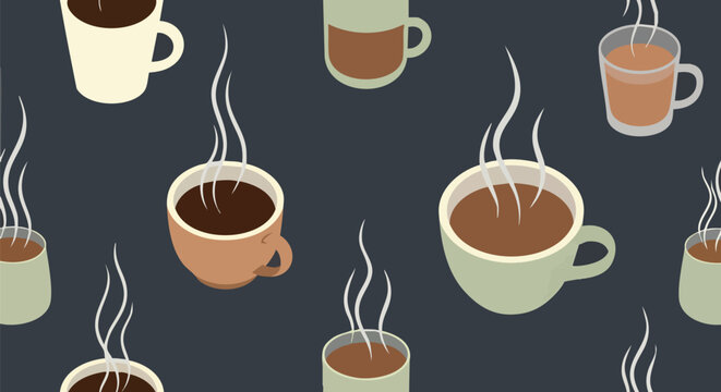 Seamless pattern hot coffee cups with steam vector illustration flat design background isometric digital art cafe menu