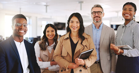 Portrait, legal team and tech with smile, confidence and management for group of business people in...