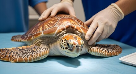 Veterinarian Treating Injured Turtle in Modern Rescue Facility with Gentle Lighting and Clean Interior