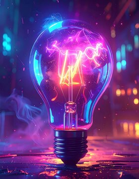 A luminous, glowing lightbulb is the focal point, with vibrant neon-like internal energy and an urban cityscape backdrop