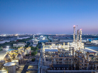 Aerial view of petrochemical plant at dusk