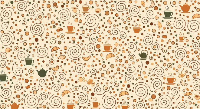 Seamless coffee tea pattern warm colors dots swirls croissants cafe beverage breakfast bakery vector illustration flat design wallpaper background texture - Powered by Adobe