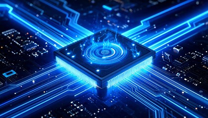 Futuristic Microchip with Glowing Blue Connections and Data Flow.