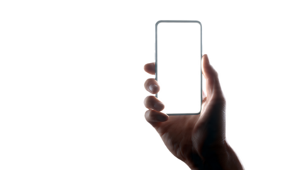 A hand holding a smartphone with a blank black screen against a dark black background in a studio