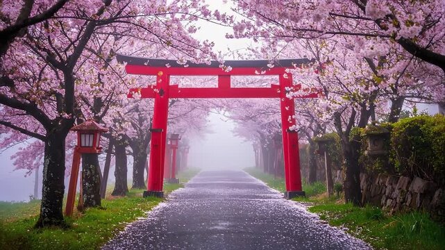 春の霧に包まれた神社の参道に赤い鳥居が並び静けさ漂う幻想の道